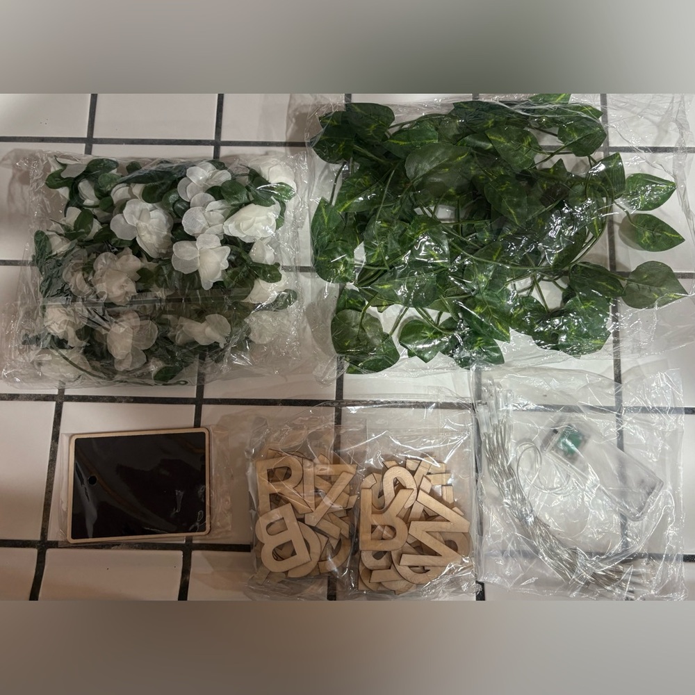3/$15 Artificial Greenery, Wrap Lights, Flowers and Wooden Letters Set